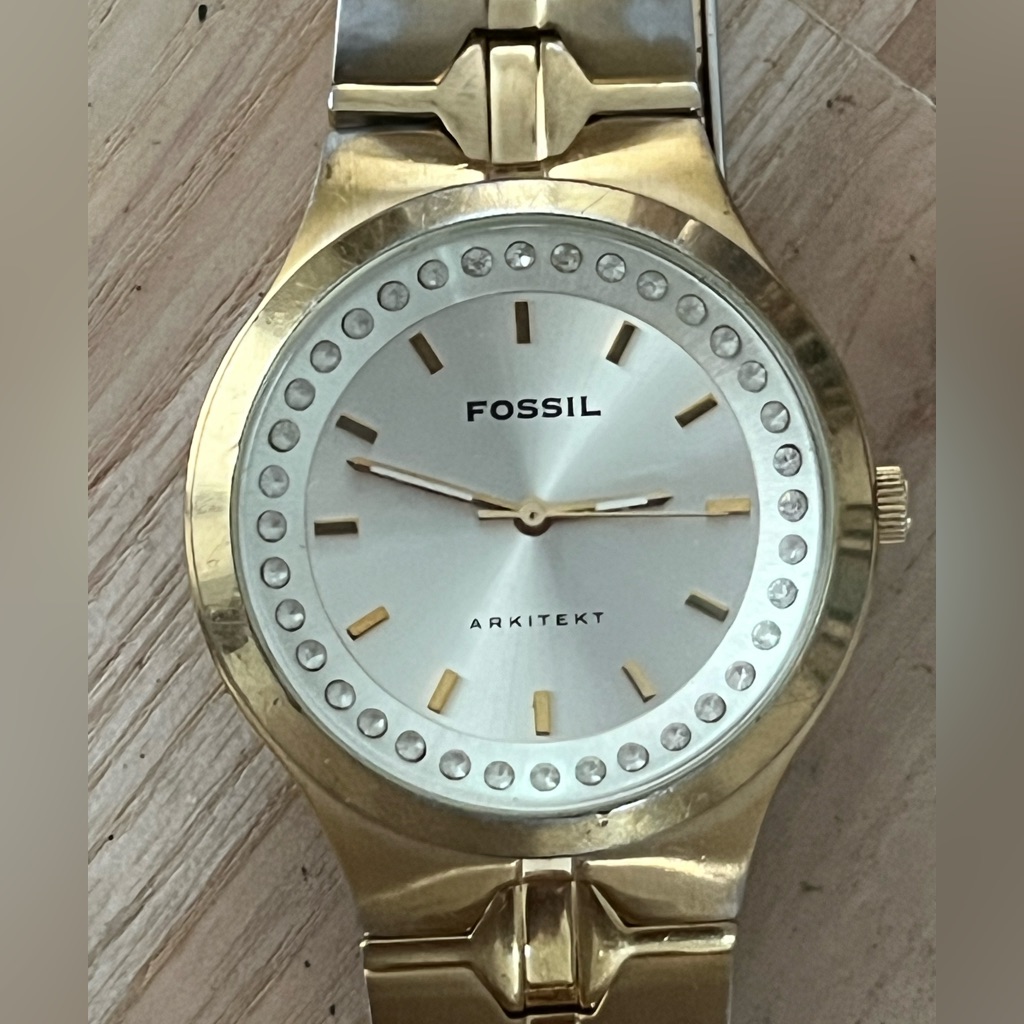 Fossil Arkitekt Vintage Men’s Watch Silver Dial Crystal Embellishments Gold Dial